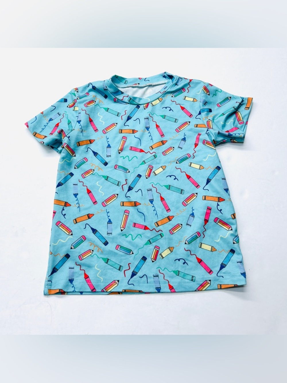 5/$25 Back to School First Day Kids Crayon Print Tee Blue Rainbow Pencil Top